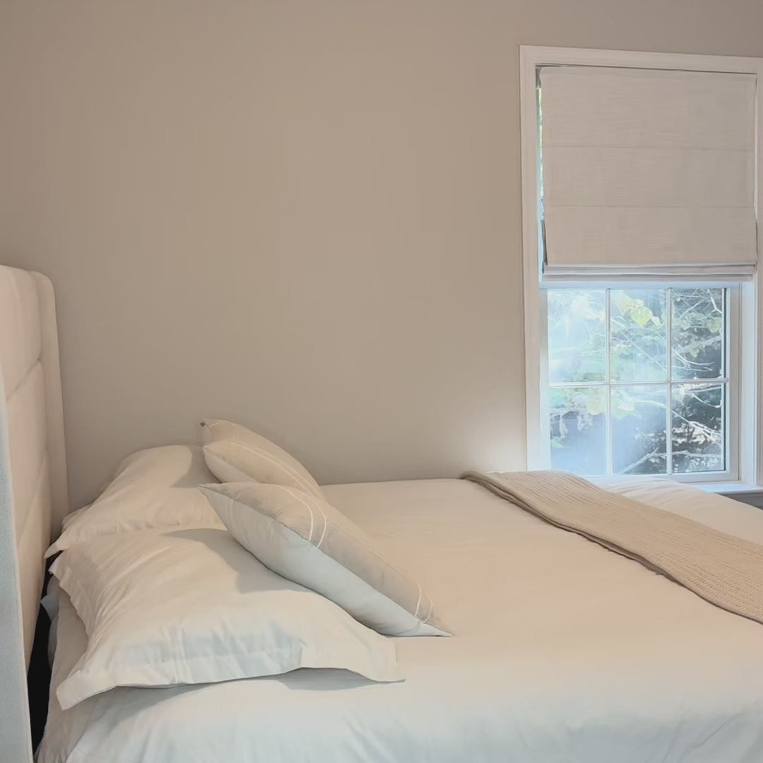 Elara White Roman Shades for Elegant Linen-Blend Drapes-living